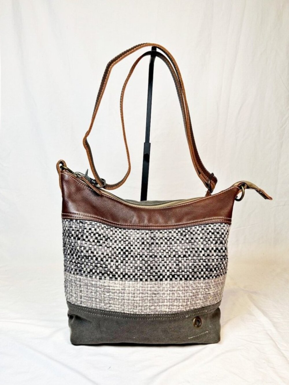 Myra Bags Canvas Leather Stripe Boho Hippie Cross Body Bucket Bag